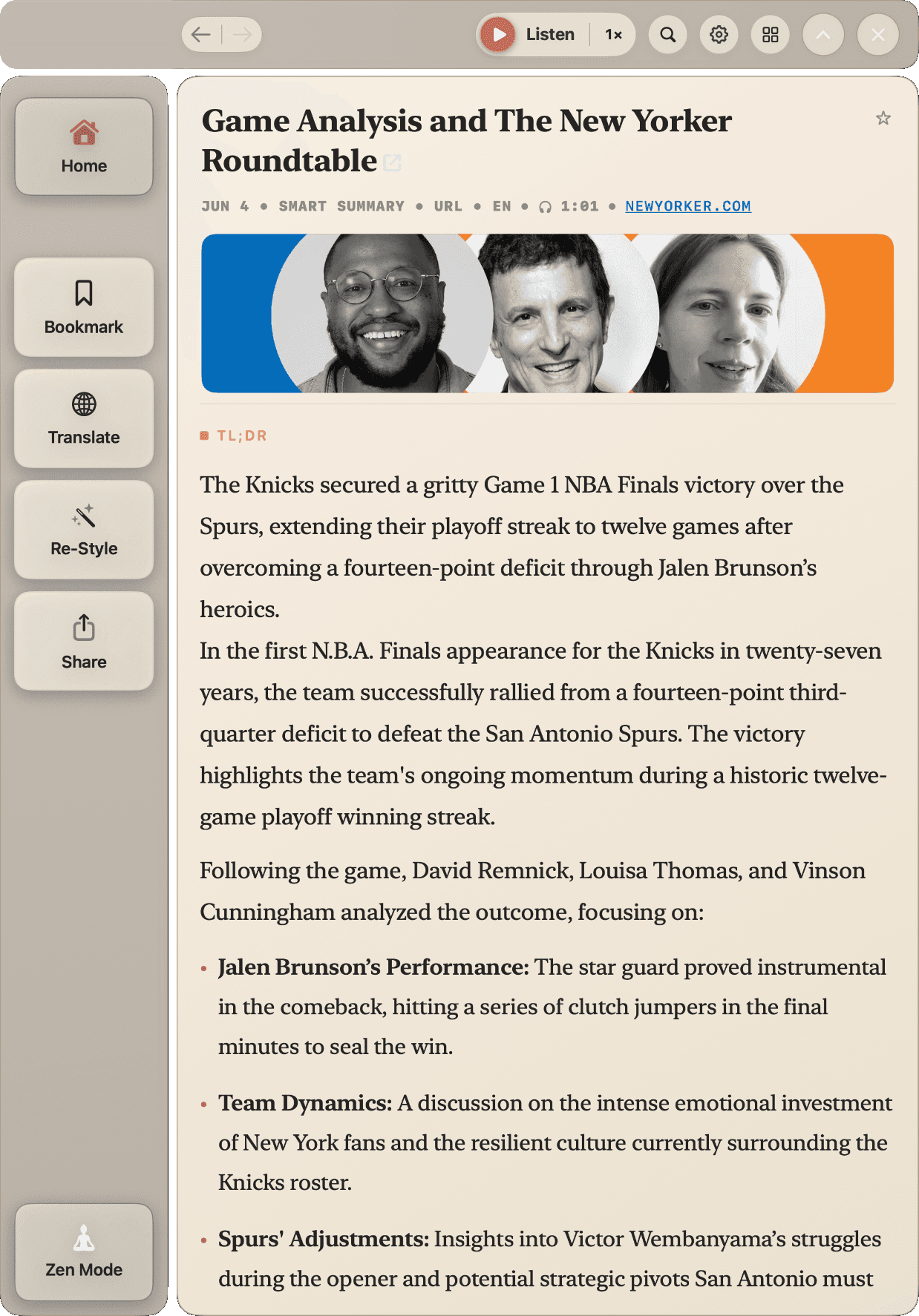 The Mac panel reading a summary - TL;DR and sections, with the Listen button